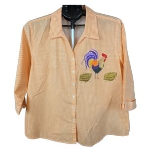 Casual Kiss large gingham shirt with embroidered rooster/ hay bales 3/4 sleeves